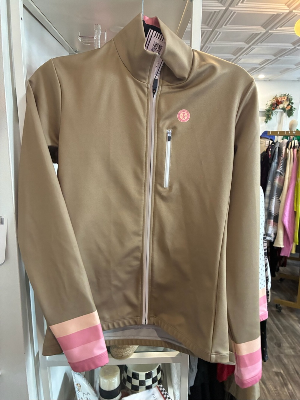Coeur Women's Taupe Soft-Shell Jacket with Pink Stripe Cuffs